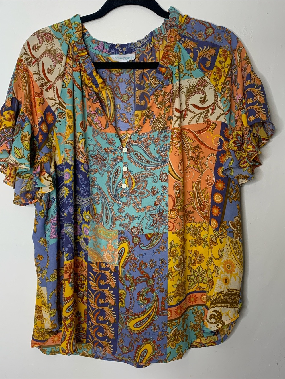 Boho Patchwork Paisley V-Neck Ruffle Sleeve Top - Multicolor Cynthia Rowley 1X